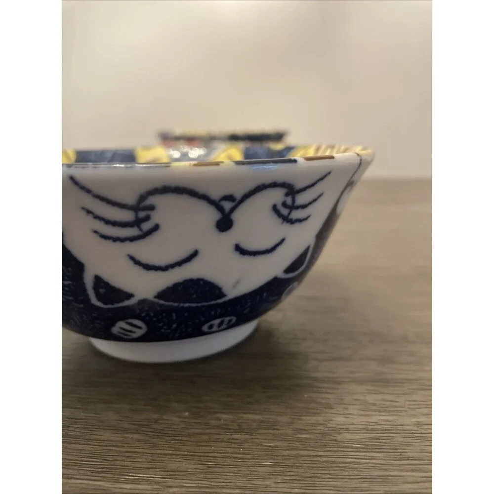 Japanese Porcelain Rice Bowl Blue Cute Kitty Cat Soup Ramen Made in Japan 6”